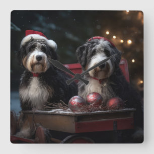 Horloge Carrée Décor de Noël Bernedoodle Snowy Sleigh