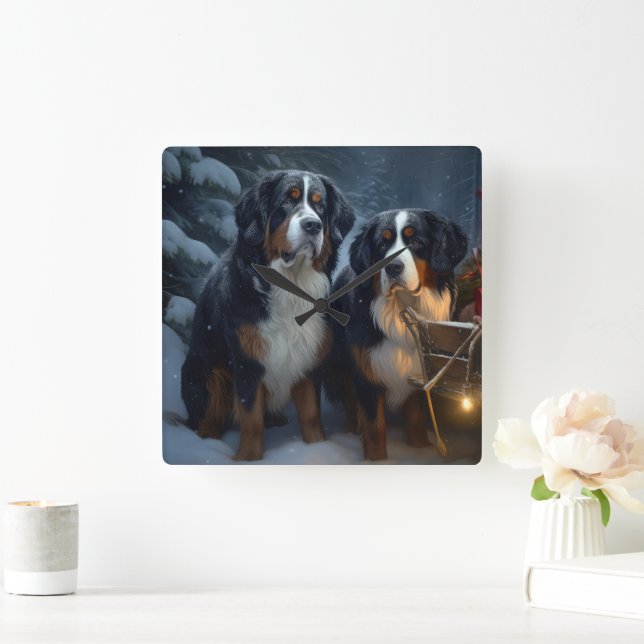 Horloge Carrée Décor de Noël Bernese Mountain Snowy (Maison)