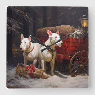 Horloge Carrée Décor de Noël Bull Terrier Snowy Sleigh