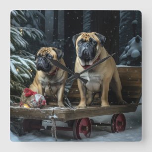 Horloge Carrée Décor de Noël Bullmastiff Snowy Sleigh