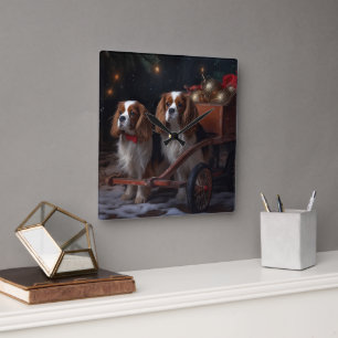 Horloge Carrée Décor de Noël Cavalier King Snowy Sleigh