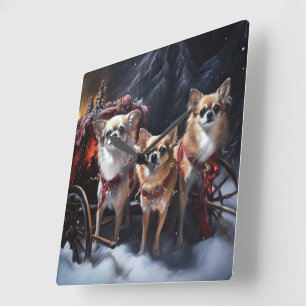 Horloge Carrée Décor de Noël Chihuahua Snowy Sleigh