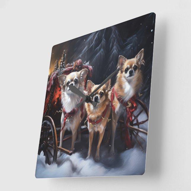 Horloge Carrée Décor de Noël Chihuahua Snowy Sleigh (Angle)
