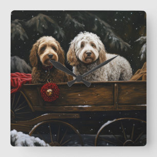 Horloge Carrée Décor de Noël Cockapoo Snowy Sleigh