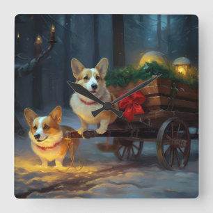 Horloge Carrée Décor de Noël Corgi Snowy Sleigh