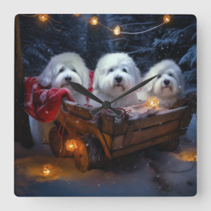 Horloge Carrée Décor de Noël Coton De Tulear Snowy Sleigh