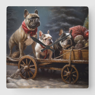 Horloge Carrée Décor de Noël de Bulldog Snowy Sleigh