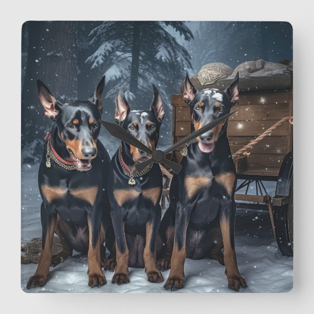 Horloge Carrée Décor de Noël Doberman Snowy Sleigh (Recto)
