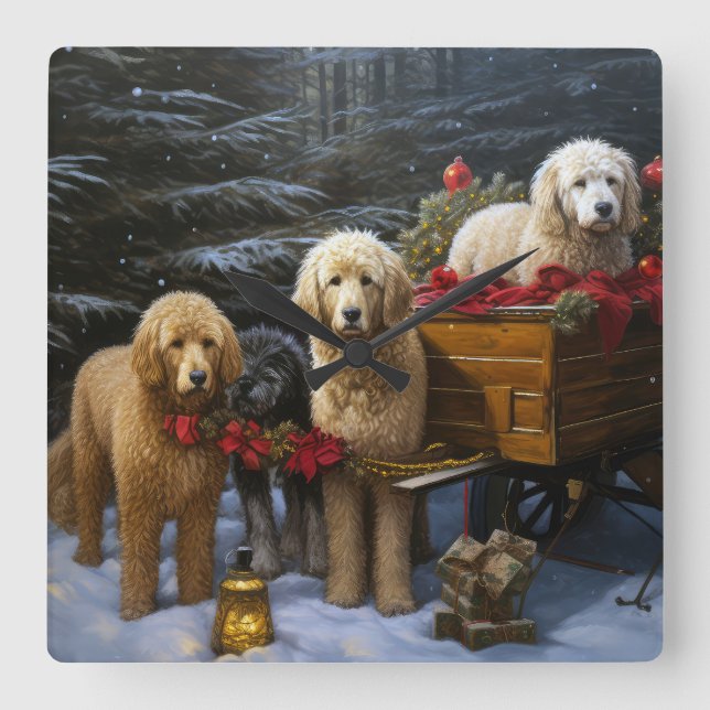 Horloge Carrée Décor de Noël Goldendoodle Snowy Sleigh (Recto)