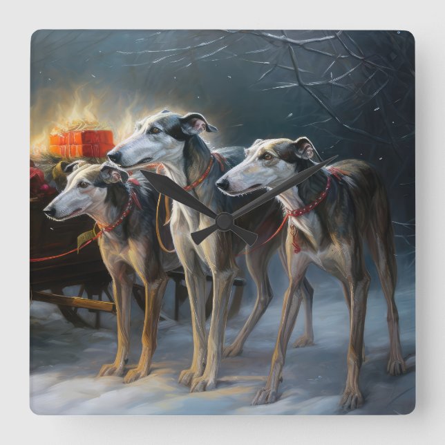 Horloge Carrée Décor de Noël Greyhound Snowy Sleigh (Recto)