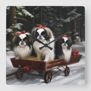 Horloge Carrée Décor de Noël japonais Chin Snowy Sleigh