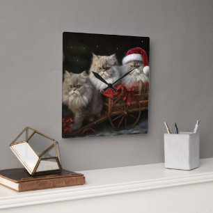 Horloge Carrée Décor de Noël Perse Chat Snowy Sleigh