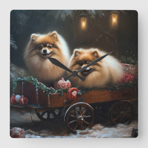 Horloge Carrée Décor de Noël Poméranien Snowy Sleigh