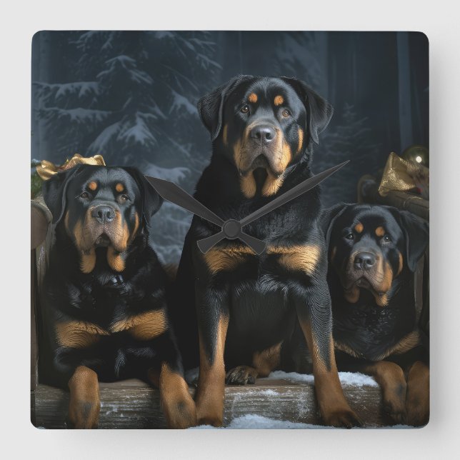 Horloge Carrée Décor de Noël Rottweiler Snowy Sleigh (Recto)