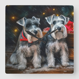 Horloge Carrée Décor de Noël Schnauzer Snowy Sleigh