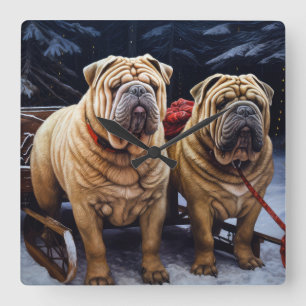 Horloge Carrée Décor de Noël Shar Pei Snowy Sleigh