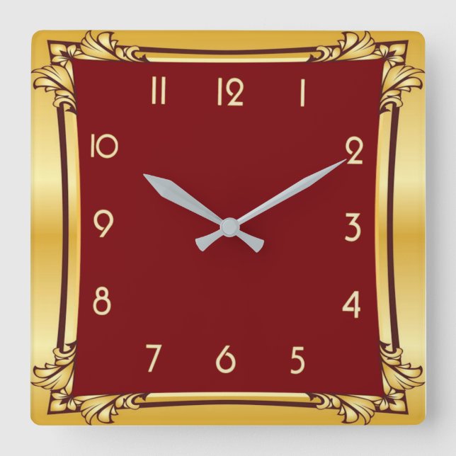Horloge Carrée Décor rouge et or (Recto)