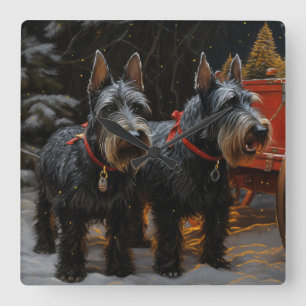 Horloge Carrée Décoration de Noël Traîneau enneigé Terrier Écossa