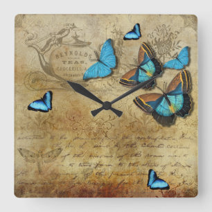 Horloge Carrée Découpage rustique antique N Papillons bleus