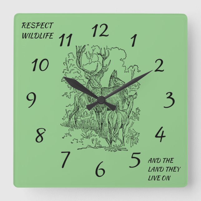 Horloge Carrée Deer & Buck Respectez la faune et la nature (Recto)