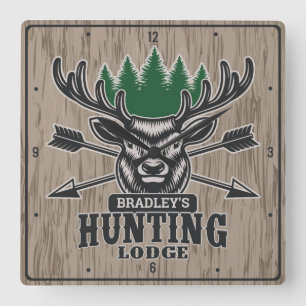 Horloge Carrée Deer Elk Hunter AJOUTER NOM Bow Hunter Lodge Cabin
