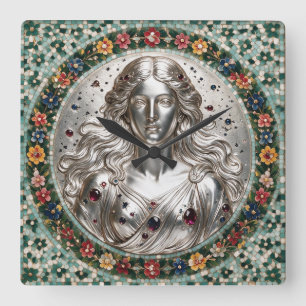 Horloge Carrée Déesse Nyx Mosaïque Florale