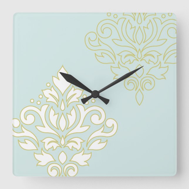 Horloge Carrée Défiler Damask Art I (contour) Wt Gld Lt Turquoise (Recto)