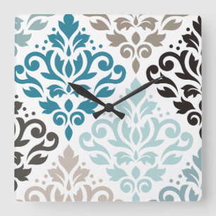 Horloge Carrée Défiler Damask Décaler Ptn Art Teals Browns Blanc