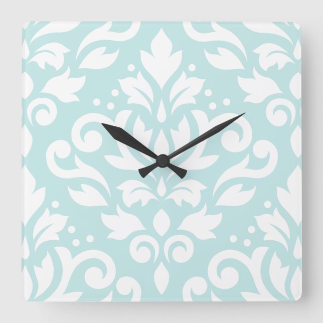 Horloge Carrée Défiler Damask Lg Design Blanc sur Canard Oeuf Ble (Recto)