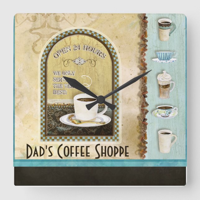 Horloge Carrée Deja' Brew Coffee Art Stacked Cups Mugs Caffeine (Recto)