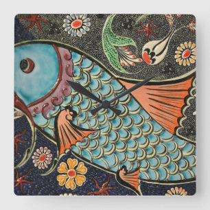 Horloge Carrée Delicate Ocean Mosaic Coastal Koi Fish
