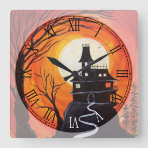 Horloge Carrée Déplaisant Haunted House chiffres romains