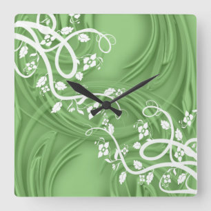 Horloge Carrée Des boucles au-dessus de vert avec floral en