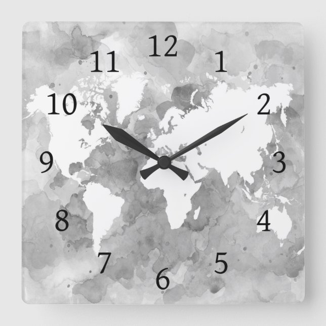 Horloge Carrée Design 49 World Map Grayscale (Recto)