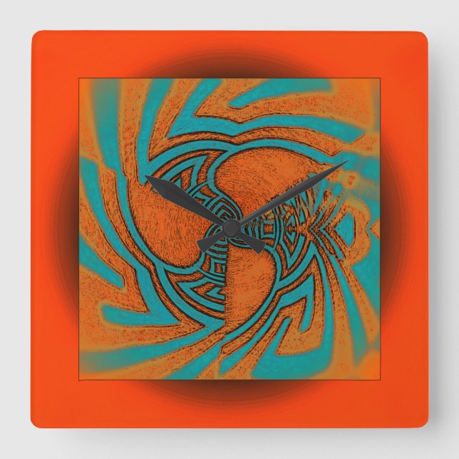 Horloge Carrée Design abstrait flotté en orange with aqua (Recto)