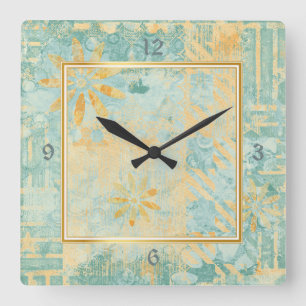 Horloge Carrée Design abstrait Turquoise Gold Frame