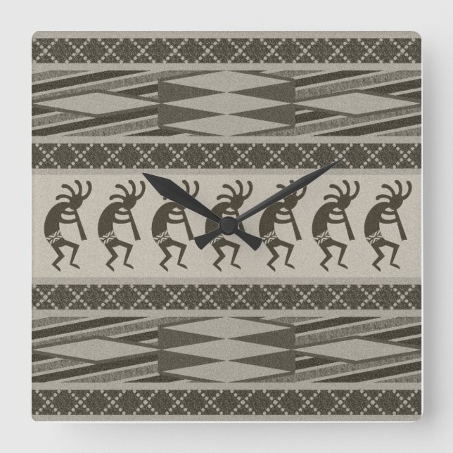 Horloge Carrée Design Aztèque Gris Et Noir Kokopelli (Recto)