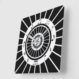Horloge Carrée Design de notes musicales modernes en noir blanc