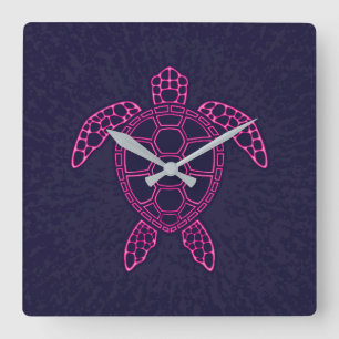 Horloge Carrée Design de tortue marine rose chaud