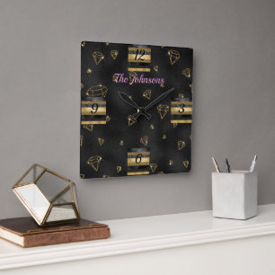 Horloge Carrée Design élégant en diamants noir et or