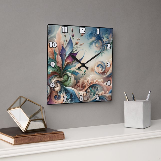 Horloge Carrée Design floral Abstrait et dynamique dans des coule (Bureau)