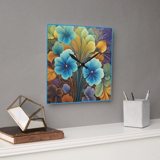 Horloge Carrée Design floral bleu et orange vibre (Bureau)