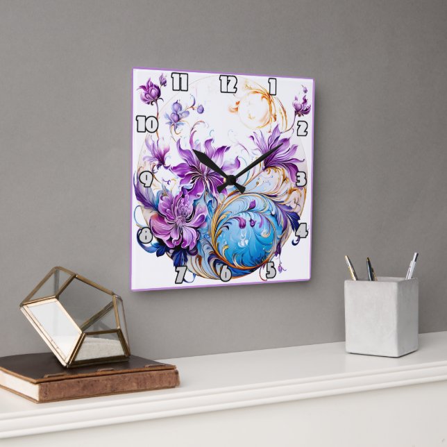 Horloge Carrée Design floral élégant avec des accents violets et  (Bureau)