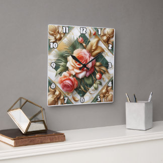 Horloge Carrée Design Floral Rose Élégant Avec Accents Or
