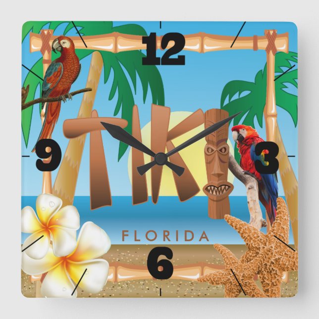 Horloge Carrée Design Tropical Tiki (Recto)