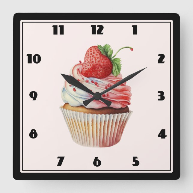 Horloge Carrée Dessert sucré à la fraise Cupcake (Recto)
