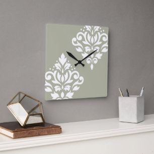 Horloge Carrée Dessin d'art damassé à défilement I Blanc sur Vert