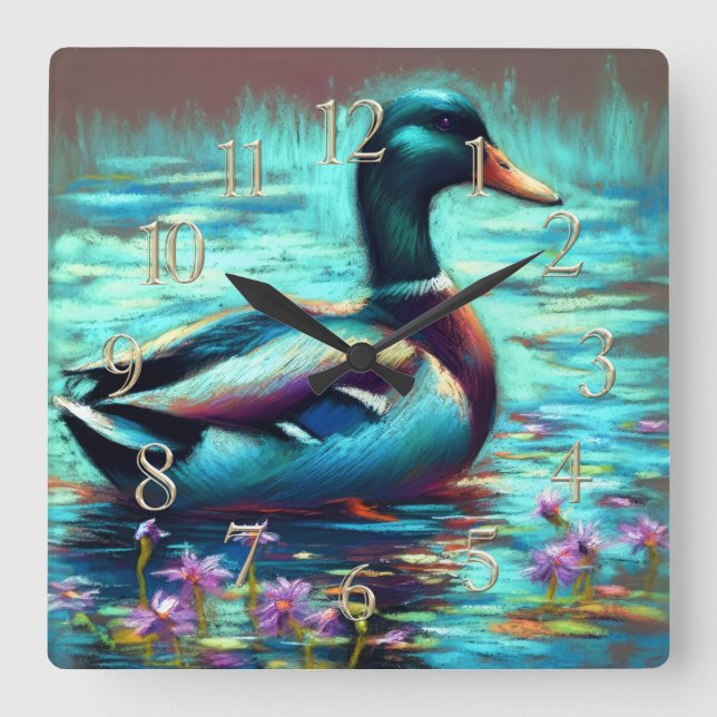 Horloge Carrée Dessin dur Pastel Peinture d'un canard de Majard (Recto)