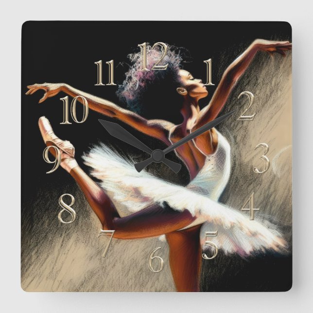Horloge Carrée Dessin Pastel Ballerina Noir (Recto)