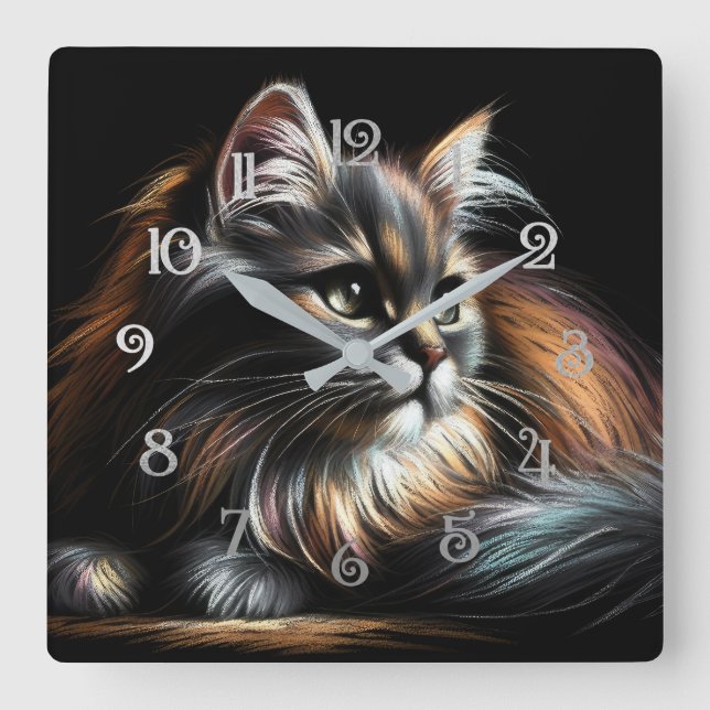 Horloge Carrée Dessin Pastel Dessin Long-Haired Chat (Recto)